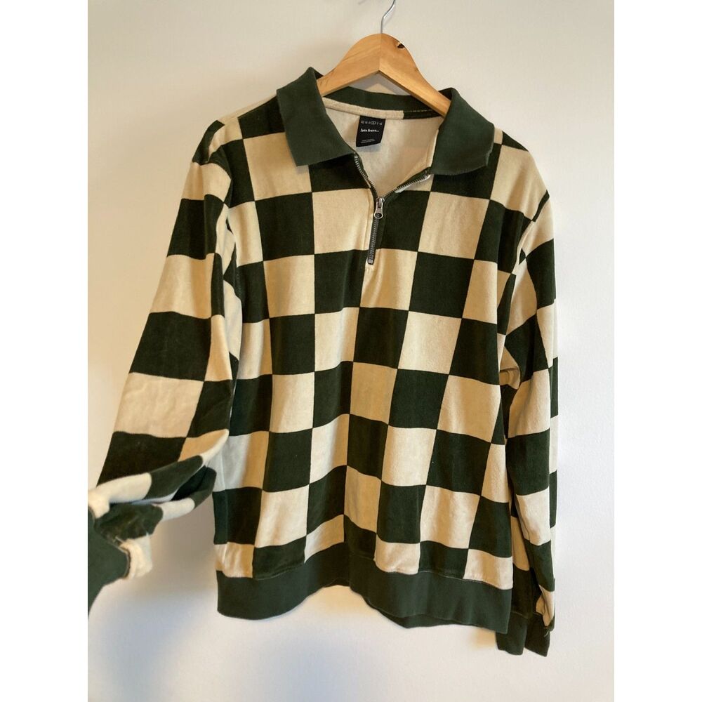iets frans… Velour 1/4 Zip Polo Shirt Green/ Biege Checkered Urban Outfitters